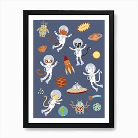 Space Astronaut Kitty Cats Art Print