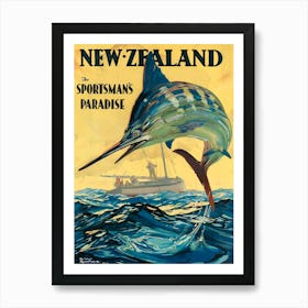 Jumping Swordfish In New Zealand, Vintage Travel Poster Art Print