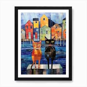 Two Patchwork Cats At The Docks Art Print