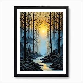 Sunset In The Forest 12, Forest, sunset,   Forest bathed in the warm glow of the setting sun, forest sunset illustration, forest at sunset, sunset forest vector art, sunset, forest painting,dark forest, landscape painting, nature vector art, Forest Sunset art, trees, pines, spruces, and firs, black, blue and yellow Art Print