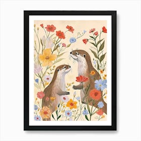 Folksy Floral Animal Drawing Otter 3 Art Print