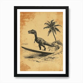 Vintage Compsognathus Dinosaur On A Surf Board 3 Art Print