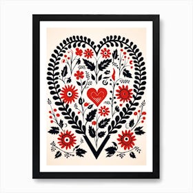 Folky Heart Linocut Style Black Red & White 1 Art Print