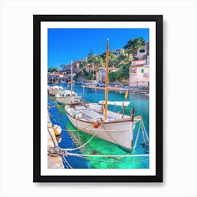 Cala Figuera with anchoring boats at beautiful seaside coast scenery on Mallorca island, Spain Art Print