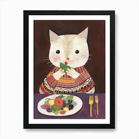 Cute White Tan Cat Eating Salad Folk Illustration 4 Art Print