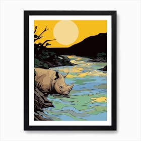 Rhino Bathing In The River Simple Illustration 1 Art Print