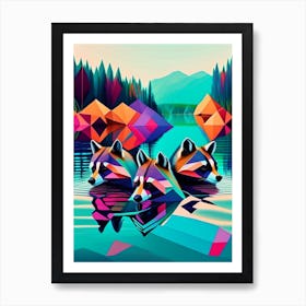 Three Raccoons Swimming In Lake Modern Geometric Art Print