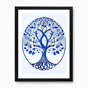 Tree Of Life 1 Symbol Blue And White Line Drawing Art Print