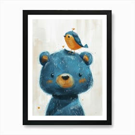 Small Joyful Bear With A Bird On Its Head 15 Art Print