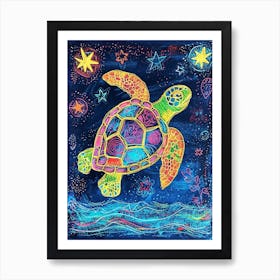 Sea Turtle At Night Crayon Drawing 1 Art Print