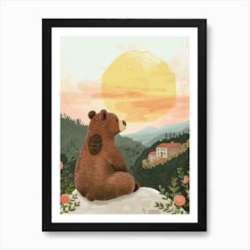 Brown Bear Looking At A Sunset From A Mountaintop Storybook Illustration 4 Art Print