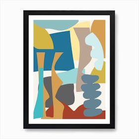 Modern Abstract Geometric Collage in Teal Blue and Earthy Neutrals Art Print