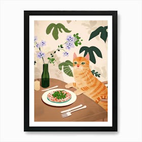 Cat And Pasta With Spinach Art Print