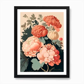 Coral Charm Peonies Vintage 2 Sketch Art Print