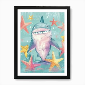 Blue Storybook Style Shark With Starfish 1 Art Print