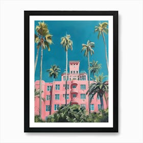 Miami Beach Pink Art Deco Hotel And Palm Trees Art Print