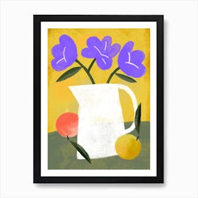 Flower Vase With Fruits In Yellow Kitchen Art Print