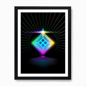 Neon Geometric Glyph in Candy Blue and Pink with Rainbow Sparkle on Black n.0055 Art Print