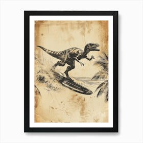 Vintage Microraptor Dinosaur On A Surf Board 2 Art Print