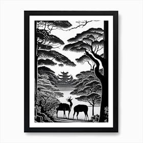 Nara Park, Japan Linocut Black And White Vintage Art Print