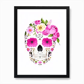 Skull With Floral Patterns 1 Pink Kawaii Art Print