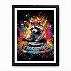 A Dj Raccoon Spinning Dj Decks Vibrant Paint Splash 2 Art Print