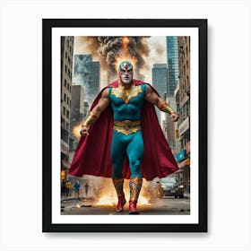 Giant Luchador Wrecks Chaos Through City Streets Art Print