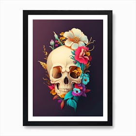 Skull With Tattoo Style Artwork Primary 2 Colours Vintage Floral Art Print