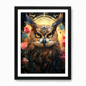 Owl With Roses Art Print