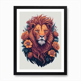 Lion Head With Flowers Art Print