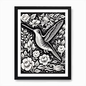 B&W Bird Linocut Hummingbird 3 Art Print