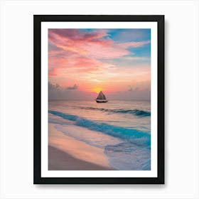 Sailboat On The Beach At Sunset Affiche