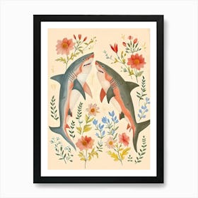 Folksy Floral Animal Drawing Shark Art Print