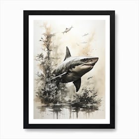 Shark, Japanese Brush Painting, Ukiyo E, Minimal 4 Art Print