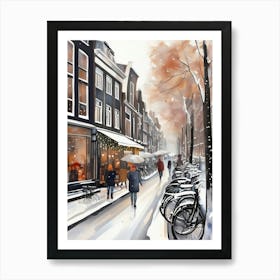 Amsterdam cafes, winter season, Christmas, autumn oil colors, pale colors, pedestrians in the street, winter clothes, falling snow.1 1 Art Print