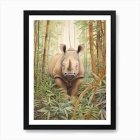 Vintage Illustration Of A Rhino Walking Through The Leaves 3 Art Print