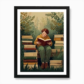 Boy Reading A Book In The Forest Art Print