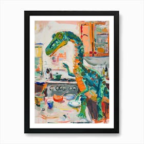 Dinosaur Cooking In The Kitchen Blue Brushstrokes 2 Art Print