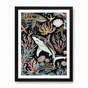 White Tip Reef Shark Seascape Black Background Illustration 1 Art Print