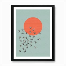 Bird Flock & Sun - Blue & Orange Art Print