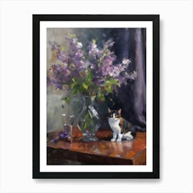 Flower Vase Lilac With A Cat 2 Impressionism, Cezanne Style Art Print