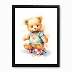 Roller Skating Teddy Bear Painting Watercolour 3 Art Print