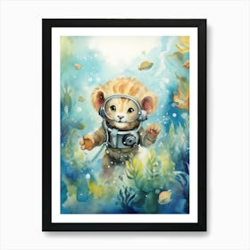 Scuba Diving Watercolour Lion Art Painting 1 Art Print