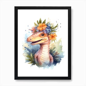 Spinosaurus With A Crown Of Flowers Cute Dinosaur Watercolour 4 Art Print