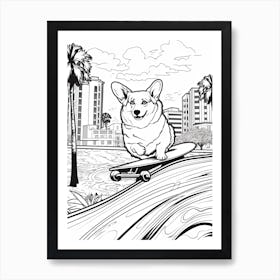 Pembroke Welsh Corgi Dog Skateboarding Line Art 3 Art Print