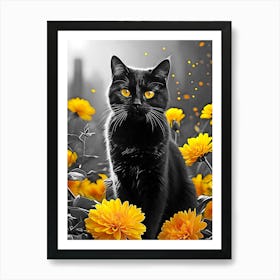 Black cat and yellow chrysanthemum Art Print