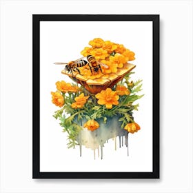 Beehive With Marigold Watercolour Illustration 2 Art Print