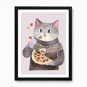 Cute Grey Cat Eating A Pizza Slice Folk Illustration 2 Art Print