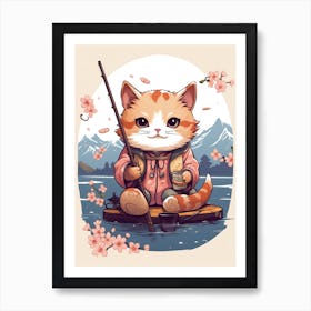 Kawaii Cat Drawings Fishing 3 Art Print