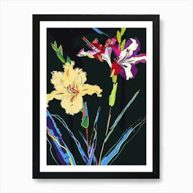 Neon Flowers On Black Gladiolus 3 Art Print